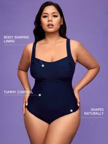 Shapewave Plus Size Women's Solid Color Pleated One-Piece Swimsuit For Summer Beach Vacation - Navy Blue - View 2