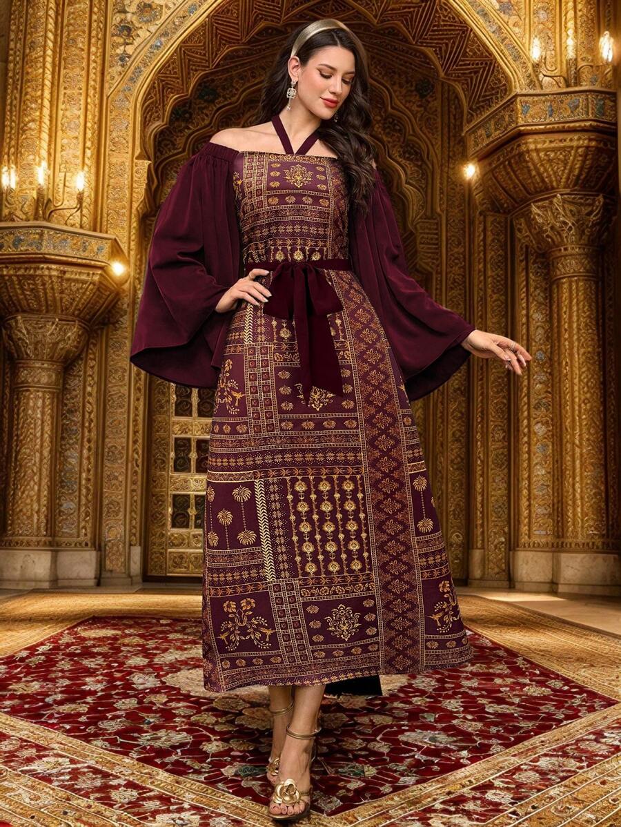 Al Najma Women's Elegant Printed Patchwork Cold Shoulder Halter Flare Sleeve Arabic Style Dress - Burgundy - View 1