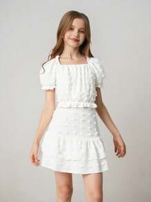 SHEIN 2pcs/Set: Teen Girls Fluffy Texture Cropped Top + High Waisted Midi Skirt Suit Elegant For Teen Girl Bridesmaids, Flower Girls, Formal Occasions - White - View 1