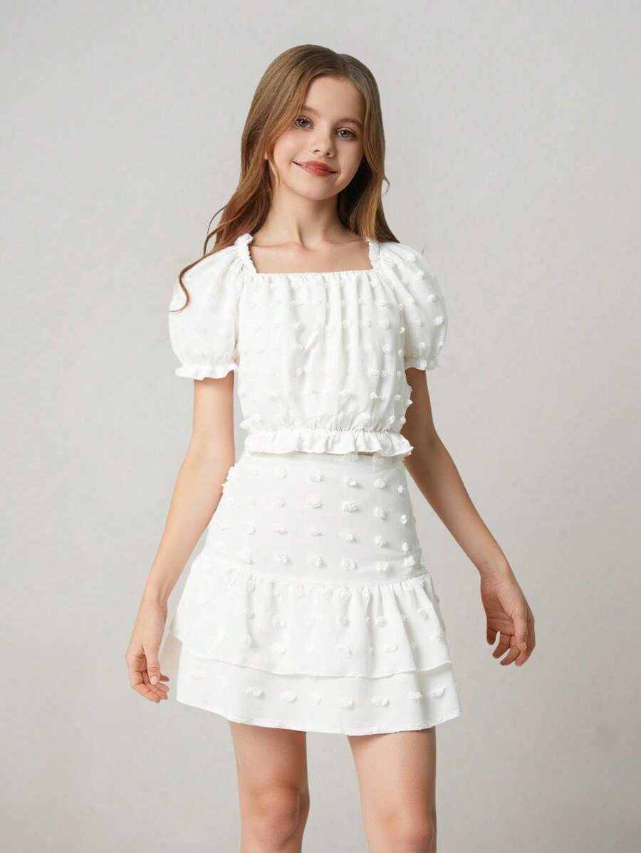 SHEIN 2pcs/Set: Teen Girls Fluffy Texture Cropped Top + High Waisted Midi Skirt Suit Elegant For Teen Girl Bridesmaids, Flower Girls, Formal Occasions - White - View 1