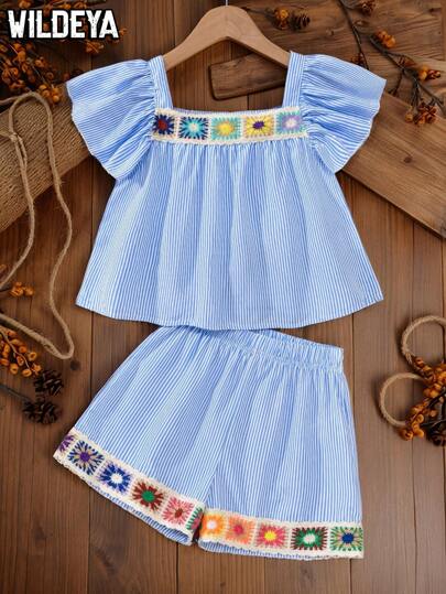 2pcs/Set Tween Girls Handmade Crochet Trim Patchwork Blue Striped Blouse With Matching Shorts, Spring/Summer Holiday Casual Outfit,Holiday,Summer,Travel, School, Campus, College