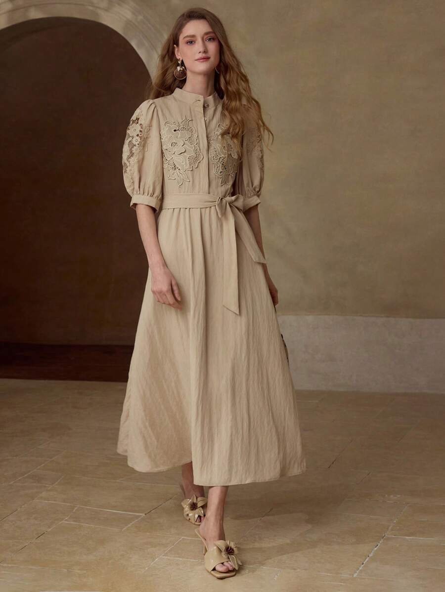 MOTF PREMIUM BELTED EMBROIDERY DRESS - Khaki - View 1