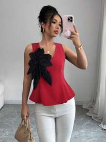 Elenzga Black & White Colorblock 3D Floral Pattern V-Neck Sleeveless Blouse, Elegant And Versatile For Commuting - Red - View 3