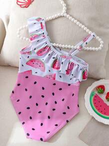 Young Girl' One-Piece Swimsuit New Arrivals, Cute Asymmetric Watermelon Print Color Blocking With Flutter Sleeve And Bow Accent, Suitable For 4-7 Years Old Girls To Wear On Beach Vacation Or Swimming Pool Toddler Girl Clothes Set Toddler Girls Outfit Sets Toddler Girl 5t - Multicolor - View 3