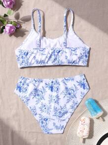 SHEIN Leap Crew Bộ đồ bơi bikini xoắn họa tiết sứ xanh trắng cho bé gái tuổi teen - Màu xanh lam - Xem 2