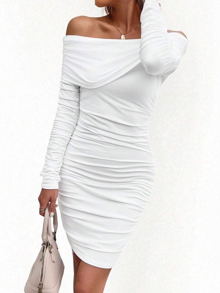Chiquease Women's Solid Color Off Shoulder Long Sleeve Dress,Simple & Fashionable, Suitable For Summer - White - View 1