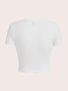 Slaydiva Áo thun nữ cổ tròn tay ngắn họa tiết tối giản giản dị - trắng - Xem 3