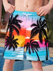 Summer Beach Shorts Fashion New Design. Sunset And Palm Tree Pattern, Vacation Style, Elastic Waistband With Drawstring. Loose Fit. Men Swim Trunks - Multicolor - View 1