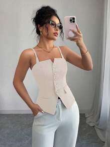 Selianne 女士可调节吊带背心，带荷叶边下摆和侧开衩，黑色