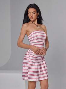 Roylia Women Sleeveless Striped Print Ruched Mini Dress - Multicolor - View 4