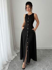 Elenzga Vestido casual de longitud media, de un solo pecho, con bolsillos y sin mangas, de color liso para mujeres