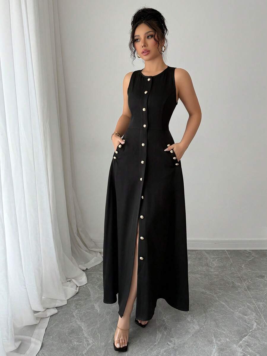 Elenzga Vestido casual de longitud media, de un solo pecho, con bolsillos y sin mangas, de color liso para mujeres