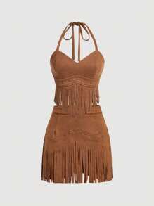 SHEIN MOD Plus Size Women Vintage Hippie Rivet Fringe Brown Suede A-Line Skirt, Nashville Costume, Pirate Skirt, Vintage Brown Suede Fringe Sleeveless Top, Music Festival, Set,Western Wear Women