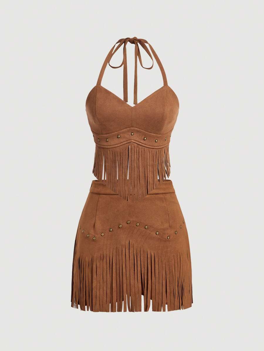 SHEIN MOD Plus Size Women Vintage Hippie Rivet Fringe Brown Suede A-Line Skirt, Nashville Costume, Pirate Skirt, Vintage Brown Suede Fringe Sleeveless Top, Music Festival, Set,Western Wear Women