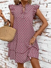 SHEIN Clasi Women's Geometric Print Ruffle Edge Tie Collar Mini Cap Sleeve Dress - Burgundy - View 6