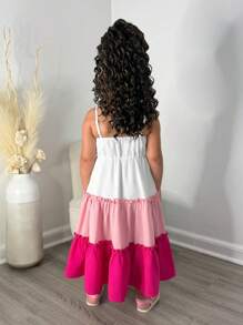 SLAYR KIDS Young Girl Cute Casual Pink Patchwork Camisole Color Blocking Dress - Pink - View 2