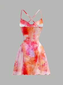 SHEIN MOD Đầm ngắn cổ chữ V in họa tiết đơn giản tối giản dành cho nữ - Nhiều màu - Xem 2