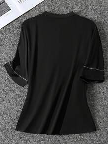 SHEIN Clasi 女式小圆领 3/4 袖蝴蝶结水钻装饰 T 恤，春夏 - 黑色 - 查看 2