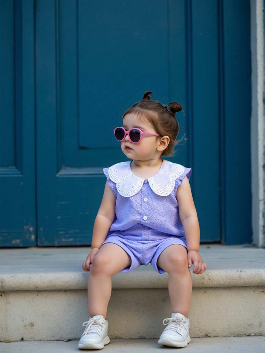Baby Girls Simple Floral Collar Solid Color Short Cap Sleeve Blouse And Shorts Set, Summer - Purple - View 1