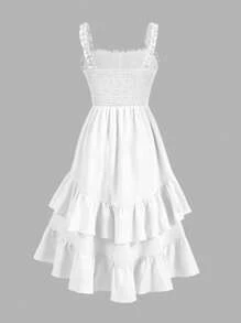 Tween Girl Chest Pleated Multi-Layered Asymmetrical Ruffled Suspender Waist Elegant Dress, Fairy Dress, Spring Outing - White - View 2