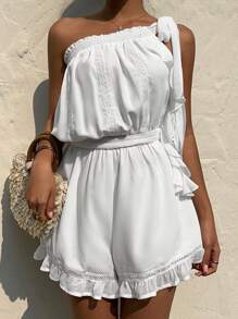 SHEIN EZwear Women's Vacation Leisure Solid Color Lace Trim Ruffle Hem Romper - White - View 1