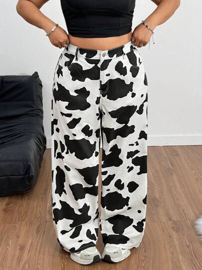 SHEIN ICON Damen Große Größen Cowprint Loose Fit Weite Bein Lässig Jeans