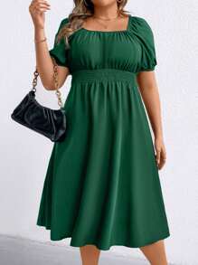 SHEIN Clasi 绿色方领泡泡袖束腰女式连衣裙 - 綠色 - 查看 5