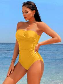 Swim Chiccia Damen einfarbiger geraffter Bandeau-Einteiler Badeanzug für den Strandurlaub