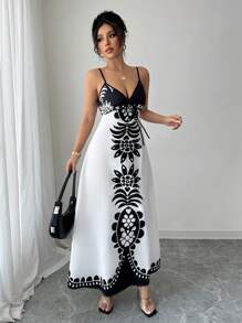 Selianne 印花 V 领性感宽松细肩带连衣裙 - 黑與白 - 查看 3