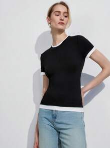 Lumivelle Women's Contrast Color Trim V-Neck Short Sleeve T-Shirt, Casual Summer Tee