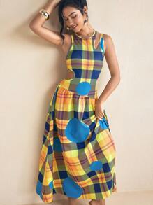 SHAQUITA GARCIA Gelbes und blaues Preppy Karomuster Kleid mit ausgeschnittener Schulter, gerafft, A-Linie Silhouette für den Sommerurlaub