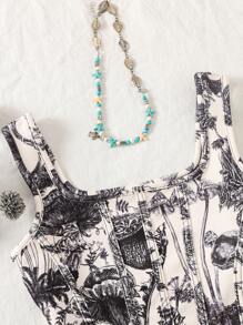 SHEIN Tween Girls' Knit Printed Backless Vacation Tank Top, Suitable For Summer Holiday - Black and White - View 3