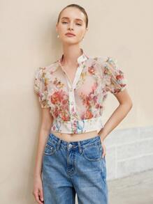 Aveloria Rosie Blusa corta de mujer con escote en V, manga corta y efecto transparente con diseño floral 3D