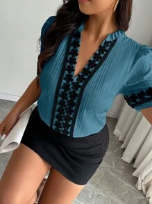 Calvaya Plus Size Contrast Color Ruffle Cutout Neckline Puff Sleeve Shirt - Teal Blue - View 3