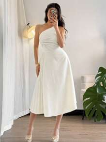 Firerie 女士优雅简约休闲/工作连衣裙，不对称领口带褶饰，纯色中长款