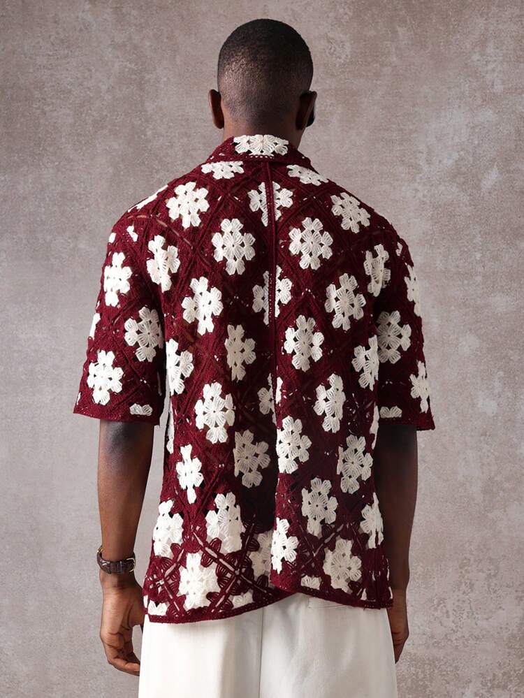 Men Floral Crochet Button Down Cardigan