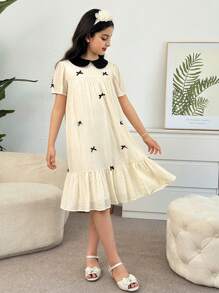 SHEIN Tween 女童可爱彼得潘领蝴蝶结泡泡袖休闲日常连衣裙，百搭 - 白色 - 查看 5