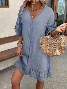 EMERY ROSE Various Designs Lace Trim Collar & Cuff Splicing Ruffled Hem Women Dress - Grey - View 6