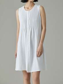 EMERY ROSE Women's Solid Color Round Neck Pleated Single-Breasted Sleeveless Casual Mini Dress - White - View 6