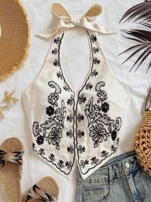 Soleia Apricot Base Black Flower Embroidery Halter Neck Bow Backless Cropped Tank Top, Suitable For Music Festivals - Multicolor - View 4
