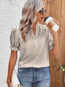 Breezaya Women's Casual Striped Puff Sleeve Blouse, Summer - Coffee Brown - View 6