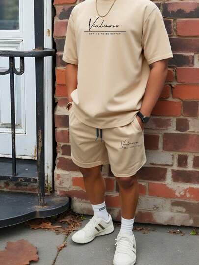 Manfinity Homme Plain Knitted Men Plus Size T-Shirt & Shorts Set, Simple Pattern Design, Cozy Outfits