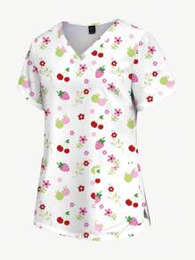 PopScrub Women's Sweet Strawberry, Cherry, Colorful Abstract Floral Print Scrub Top, Pocket Shirt, V-Neck Short Sleeve Scrub Uniform Blouse For Summer Cute Cartoon Colored Butterfly Print Scrub Uniform Top Print V Neck Frosted Scrub Top, Casual Short Sleeve Work Wear, Women Sweetheart V-Neck Ruched Blouse, Women Short Sleeve V-Neck Nurse Uniform Shirt With 2 Pockets, Soft Stretchy Ruched Graphic Tee V-Neck Short Sleeve Blouse For Lady Wear Women's V-Neck Short Sleeve Double Pocket Cute Cartoon Animal Pink Heart Rabbit Print Simple Nurse Uniform Set/Doctor Work Uniform Set/ Examination & Surgery Uniform Set/Solid Color Pet Grooming Work Uniform Set/Nutritionist Work Uniform Short Sleeve Set/Functional Multi-Pocket Lab Work Uniform Top - Multicolor - View 4