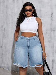 SHEIN Tall CURVE 女士加大码蓝色牛仔破洞口袋休闲短裤，夏季、度假女士、复活节、春季、西部风、女士办公室、狂欢派对、迎婴派对、乡村风、乡村女士、女士、纳什维尔、毕业典礼、女士西部装、Y2K 服装、Y2K、假日、教堂女士、机场 - 藍色 - 查看 3