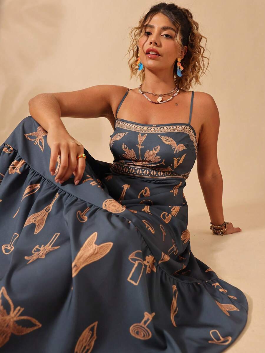 Sunserae 大码女式松紧腰花卉印花连衣裙，波西米亚风度假西装 - 綠色 - 查看 1