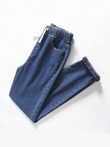 SHEIN Explorewe Tween Boy 百搭弹力腰带抽绳修身休闲灰色牛仔裤 - 深色水洗藍 - 查看 6