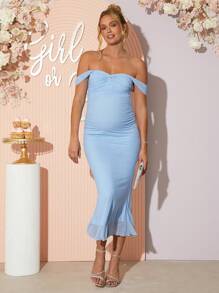 Loomaby 孕妇纯色褶皱露肩修身优雅连衣裙 - 藍色 - 查看 4