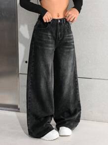SHEIN Jeans sueltos de pierna ancha, cintura baja, bolsillos sesgados, estilo casual vintage Y2K en color gris lavado, para chicas adolescentes y ropa de calle
