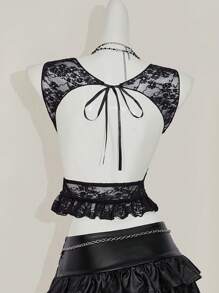 SHEIN ICON Y2k 哥特短款节日派对透视露背波西米亚风性感黑色蕾丝透明短款吊带背心适合春夏日常穿着 - 黑色 - 查看 9