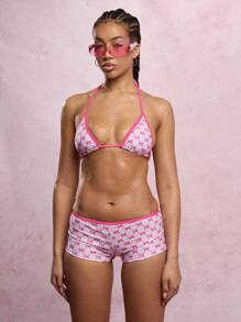 SUMWON WOMEN Bộ đồ bơi bikini in họa tiết tam giác, quần đùi ngắn, đồ bơi đi biển, đồ bơi đi biển, bộ sưu tập mùa hè, đồ bơi đi biển, đồ bơi đi biển, đồ bơi đi hồ bơi - Hồng - Xem 8